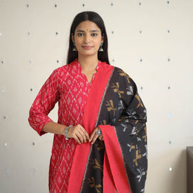 Pink Handloom Cotton Pochampally Ikat Kurta Set (Set of 3)