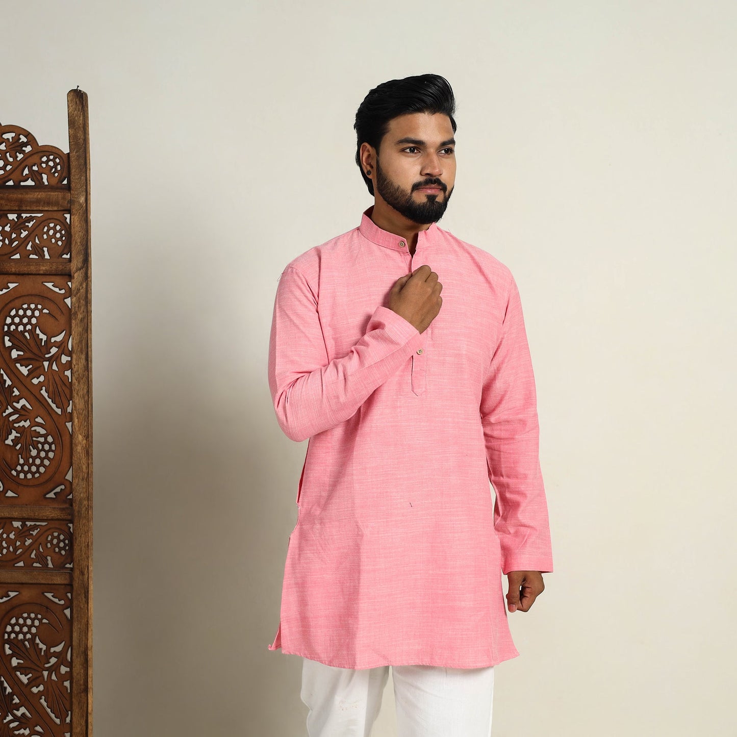 Buy Handloom Cotton Pink Short Men Plain Kurta
