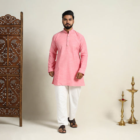 Buy Handloom Cotton Pink Short Men Plain Kurta