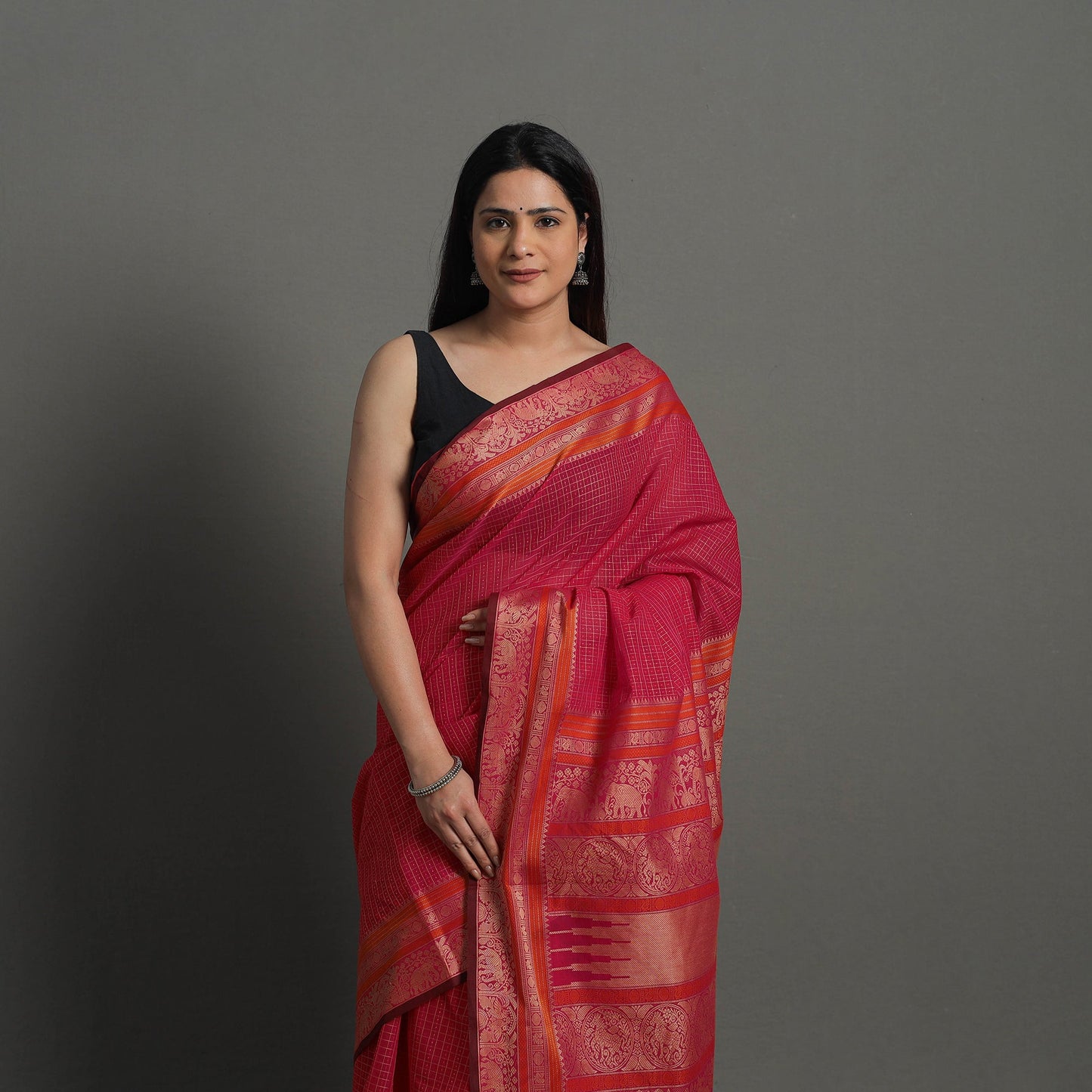 Pink - handloom cotton thread border kanchipuram saree 24