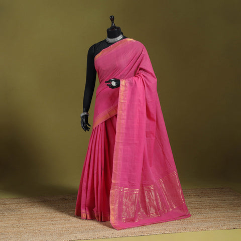 Pink - handloom cotton zari border mangalagiri saree 10
