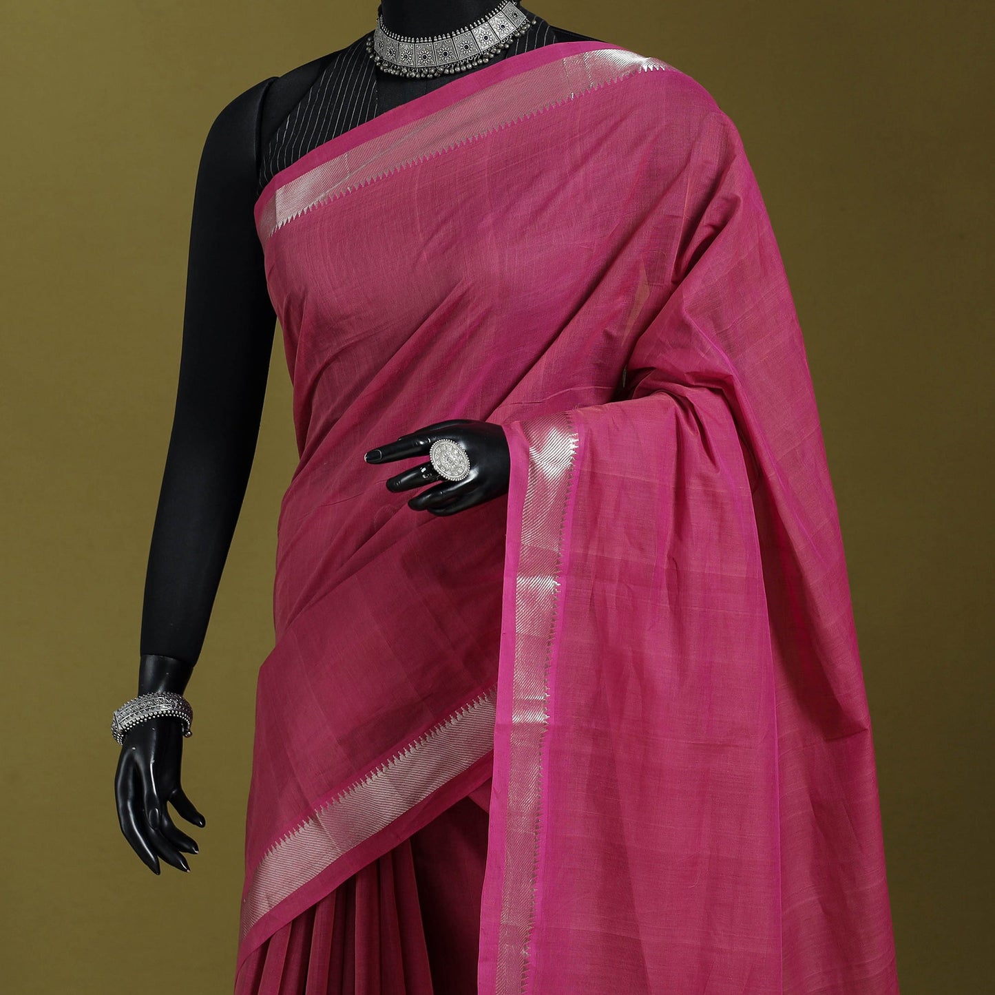 Pink - handloom cotton zari border mangalagiri saree 12