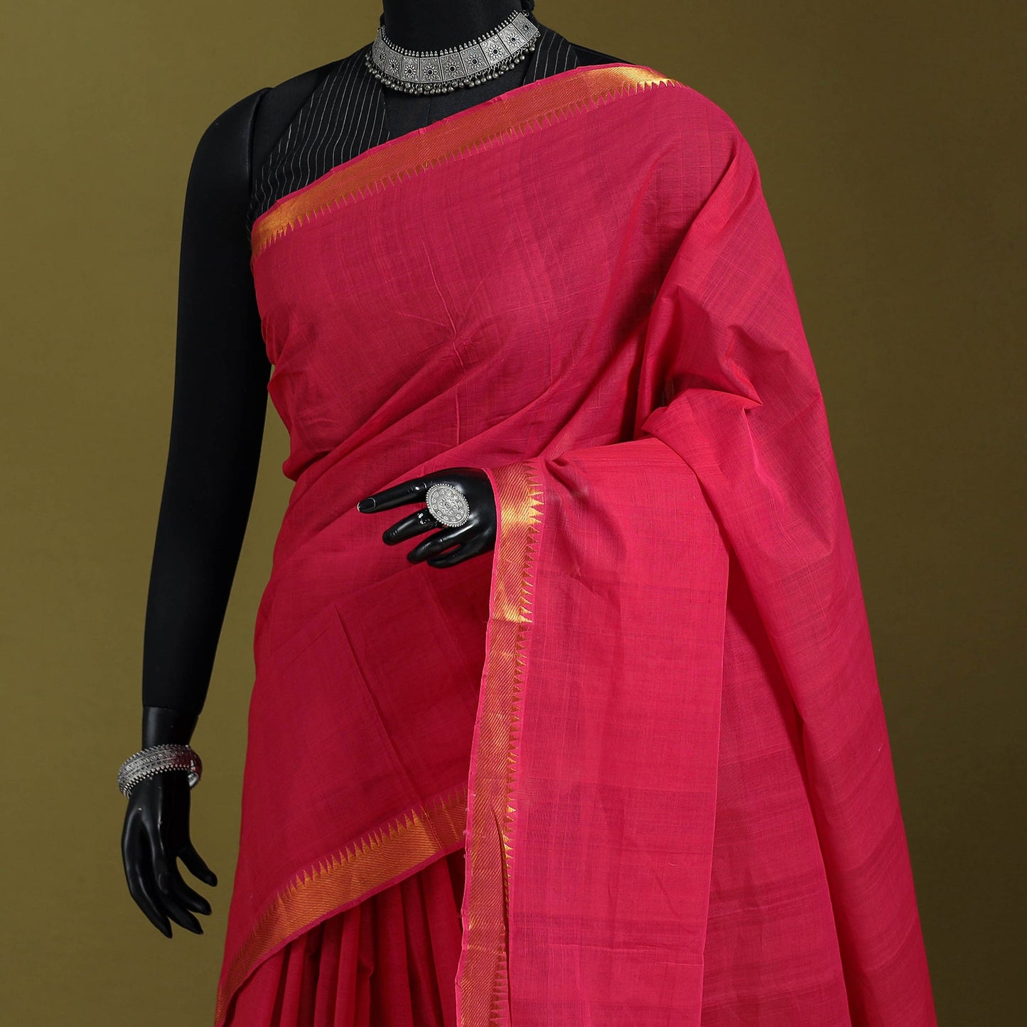 Pink - handloom cotton zari border mangalagiri saree 20