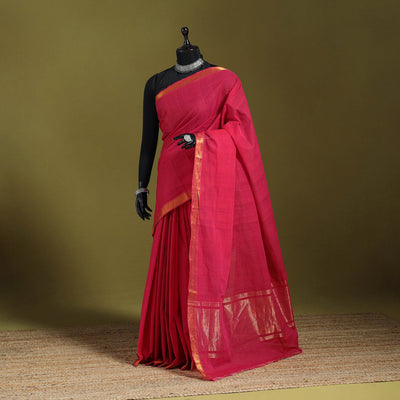 Pink - handloom cotton zari border mangalagiri saree 20