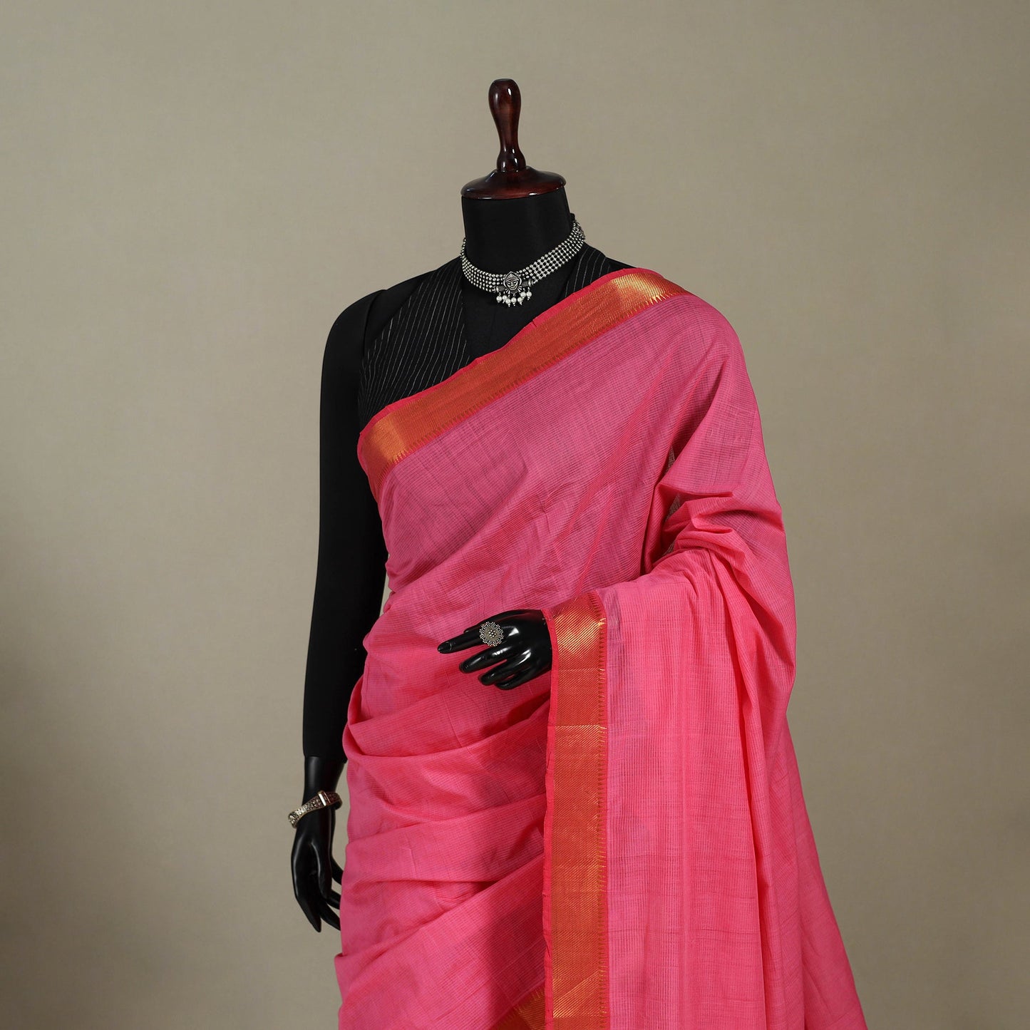 Pink Handloom Cotton Zari Border Mangalagiri Saree