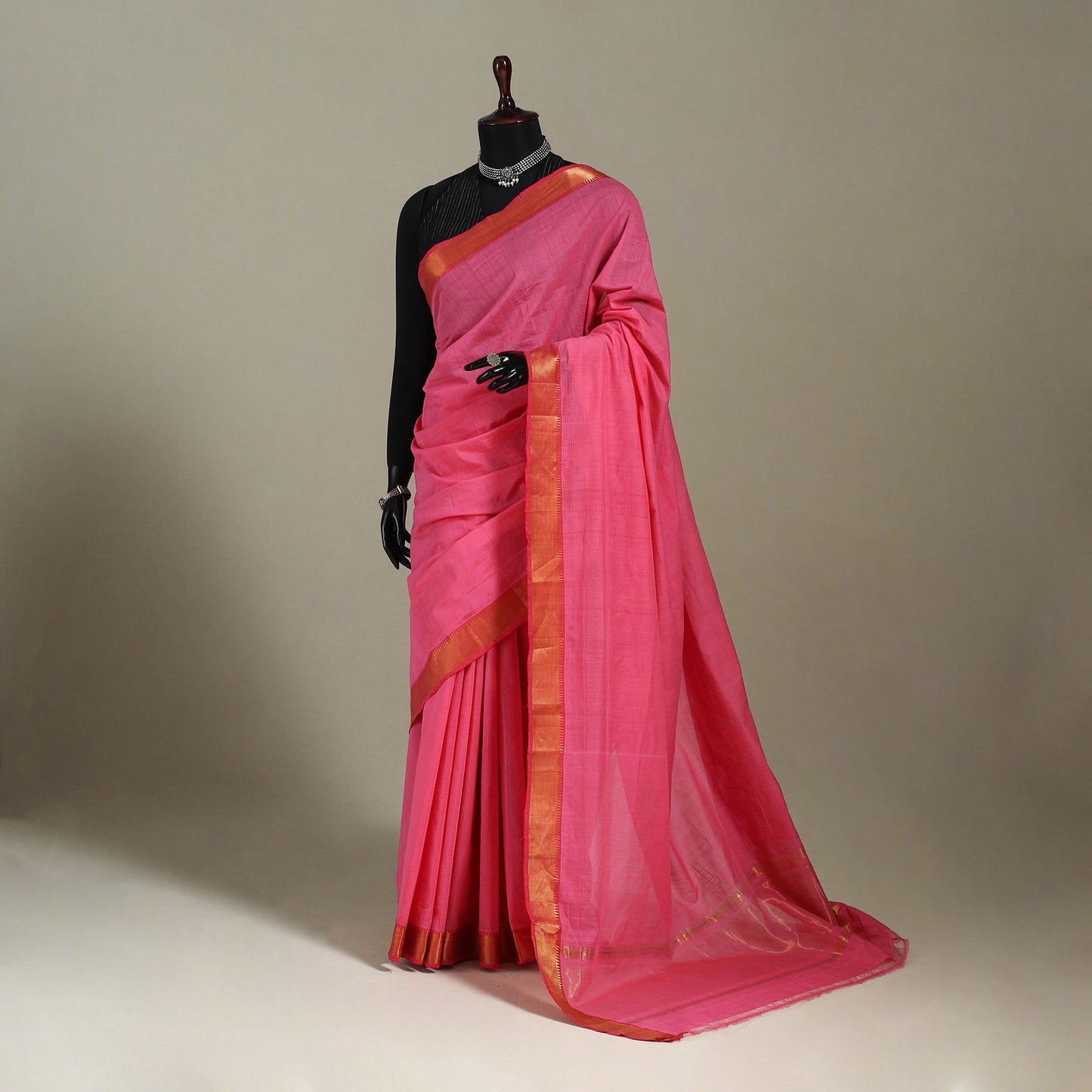 Pink Handloom Cotton Zari Border Mangalagiri Saree