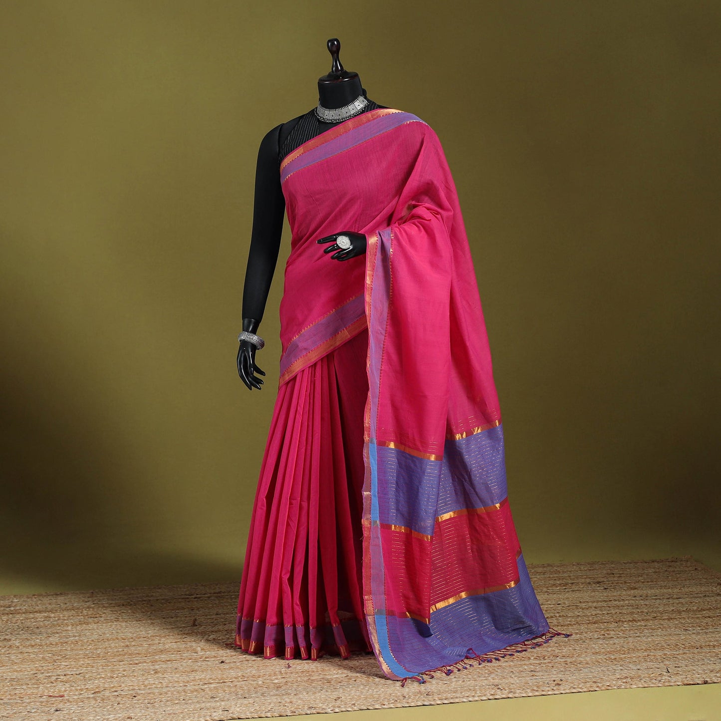 Pink - handloom cotton zari border mangalagiri saree 25