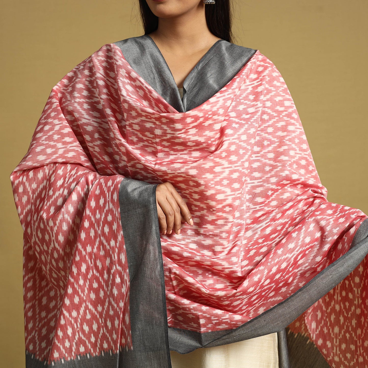 Pink Handloom Mercerized Cotton Pochampally Ikat Dupatta