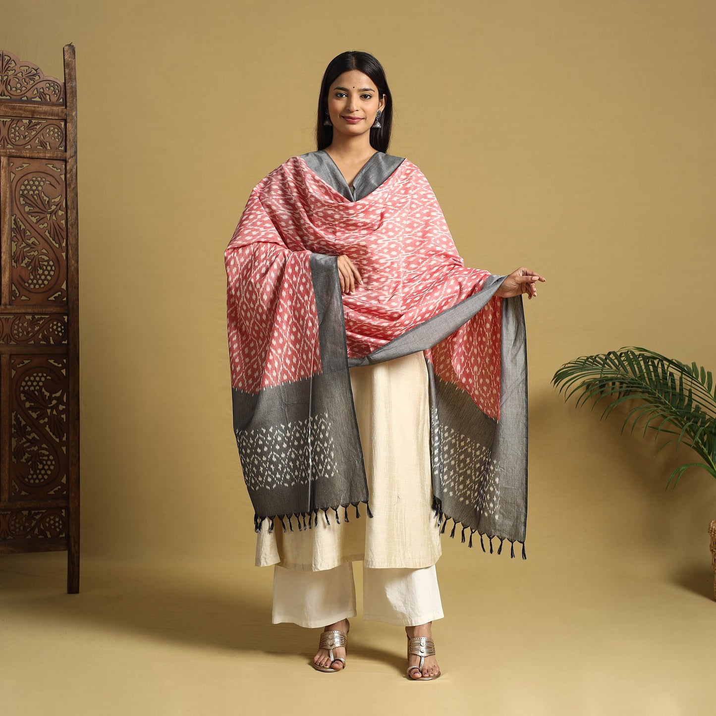 Pink Handloom Mercerized Cotton Pochampally Ikat Dupatta