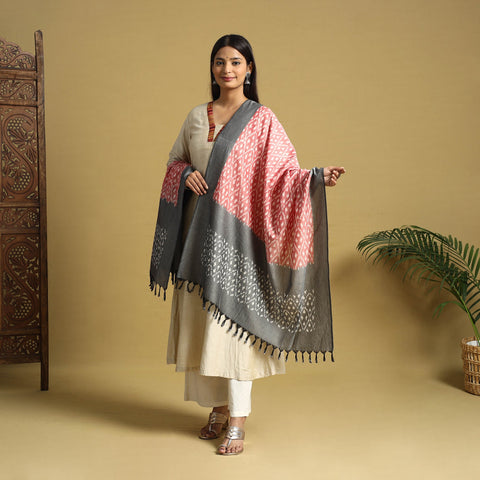 Pink Handloom Mercerized Cotton Pochampally Ikat Dupatta