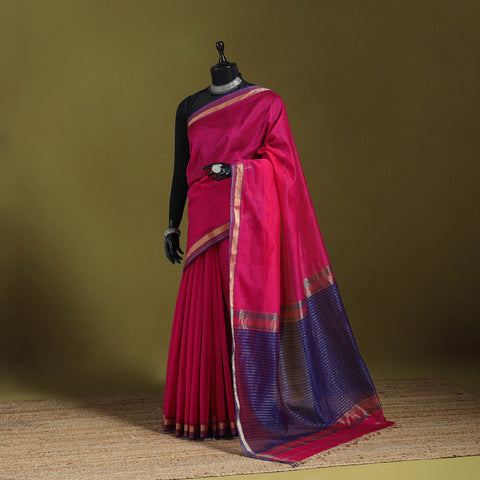 Pink - handloom silk cotton maheshwari saree with zari