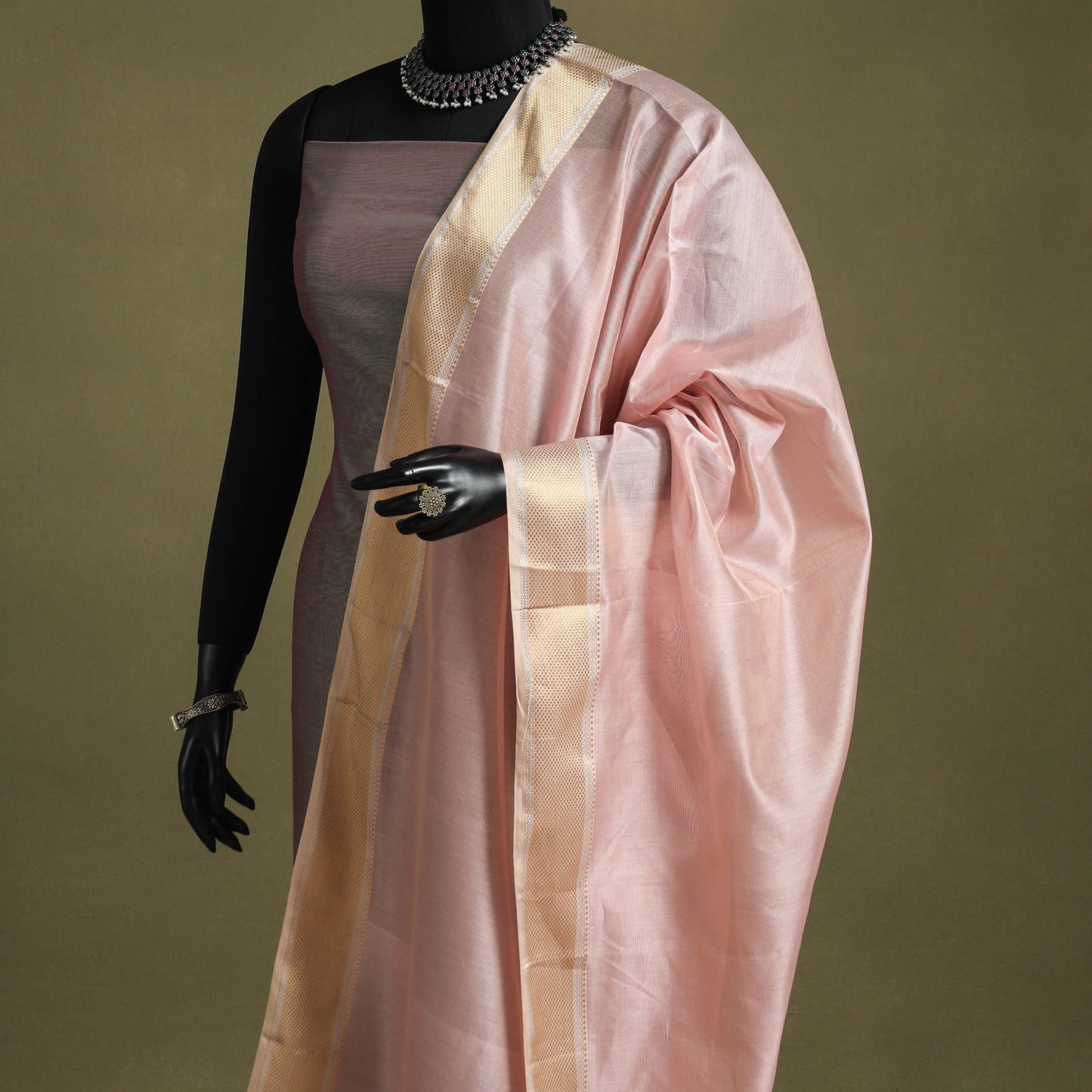 Pink - handloom silk cotton tissue zari maheshwari dupatta