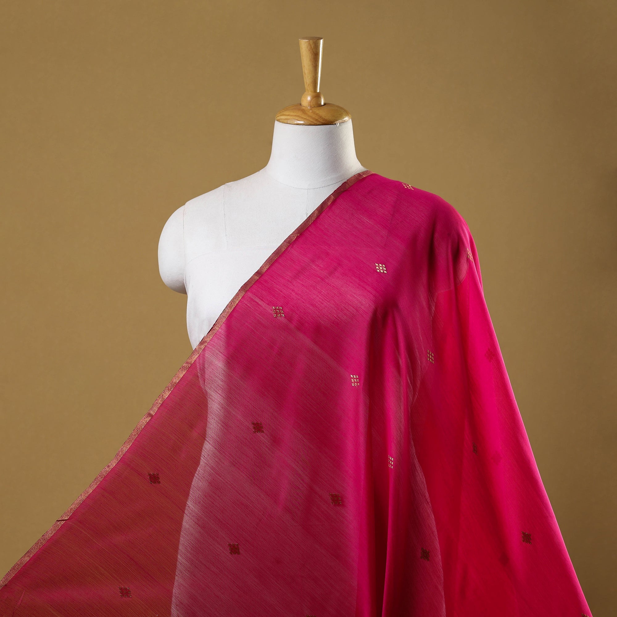 Buti Rug Mage Pink Handloom Silk Cotton Zari Buti Chanderi Fabric