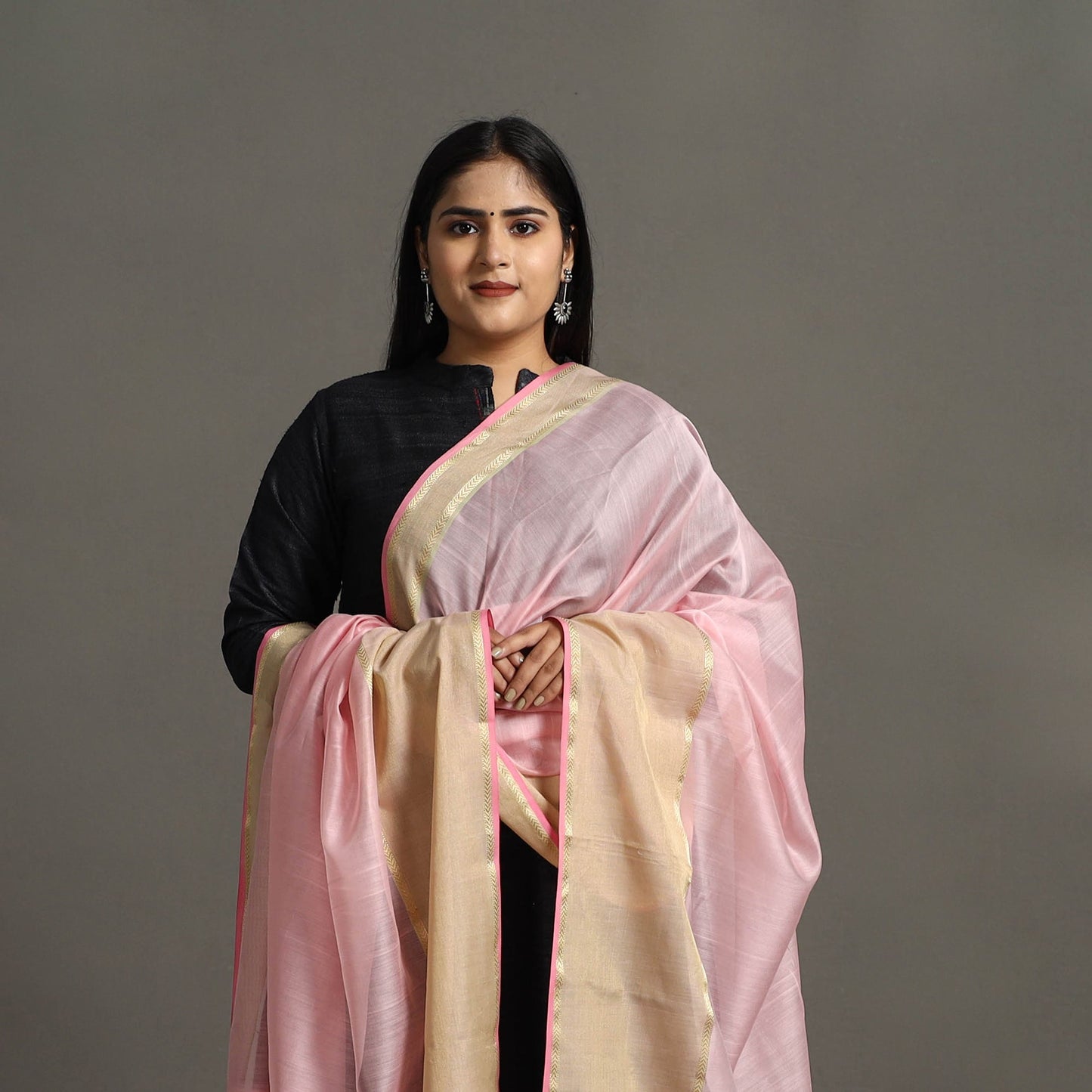 Pink - handloom silk cotton zari work maheshwari dupatta 39