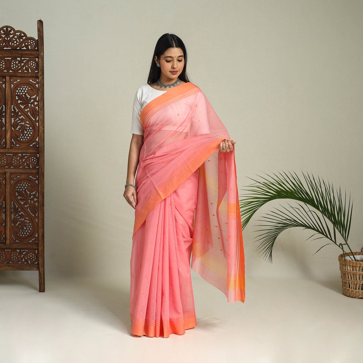 Pink - handloom thread buti chanderi cotton saree 07