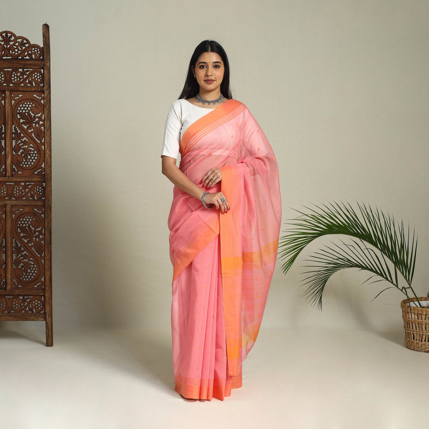 Pink - handloom thread buti chanderi cotton saree 07