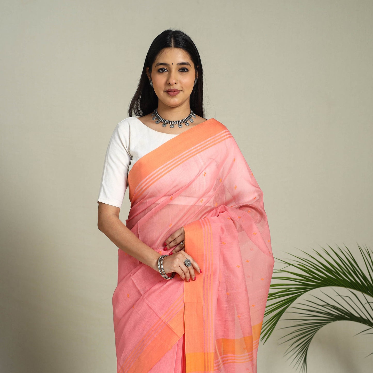 Pink - handloom thread buti chanderi cotton saree 07