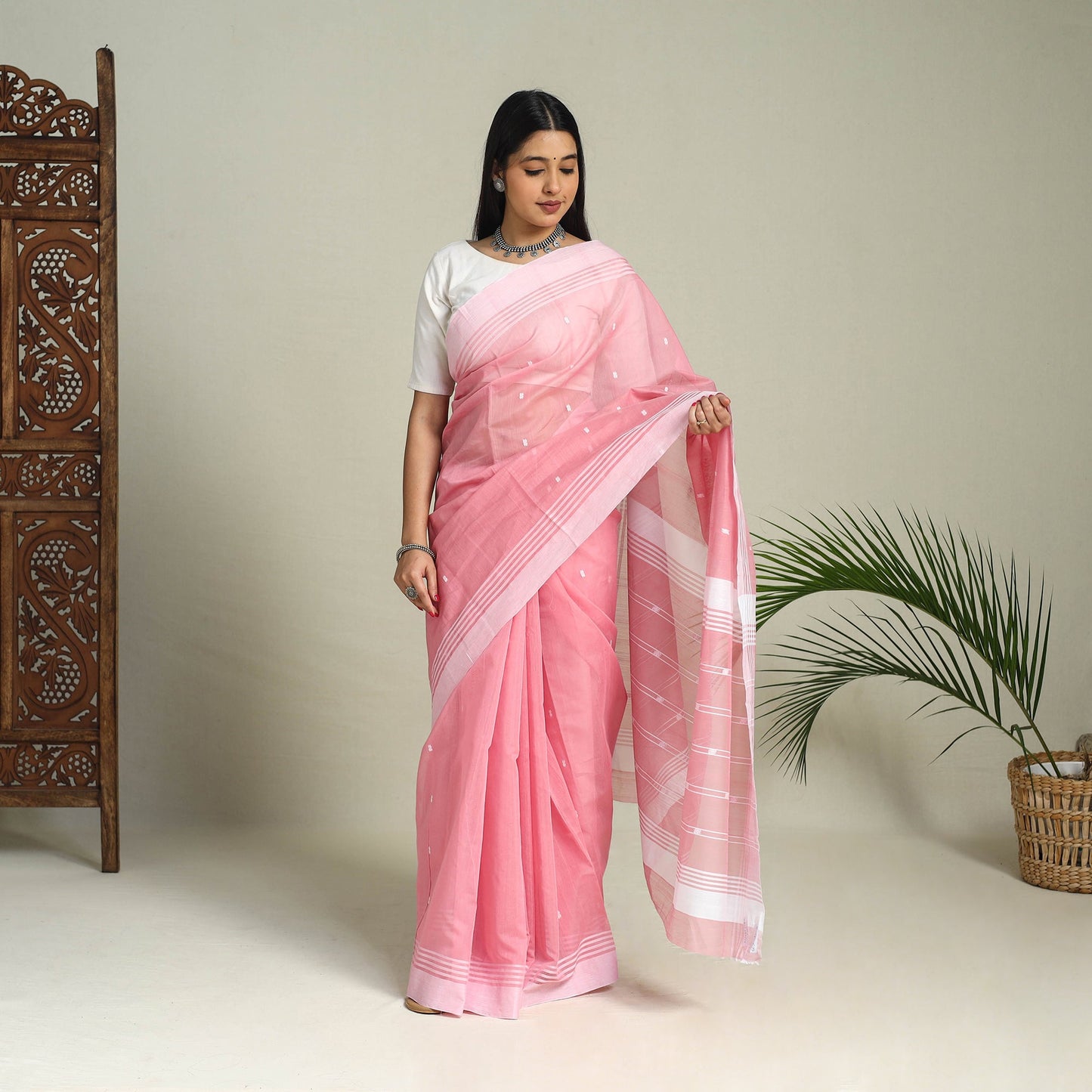 Buy Pink Handloom Thread Buti Chanderi Cotton Saree