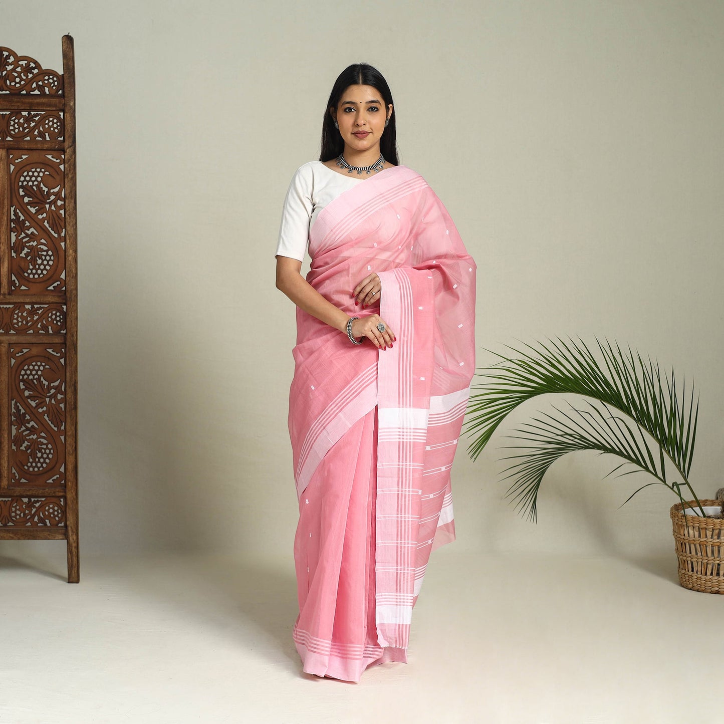 Buy Pink Handloom Thread Buti Chanderi Cotton Saree