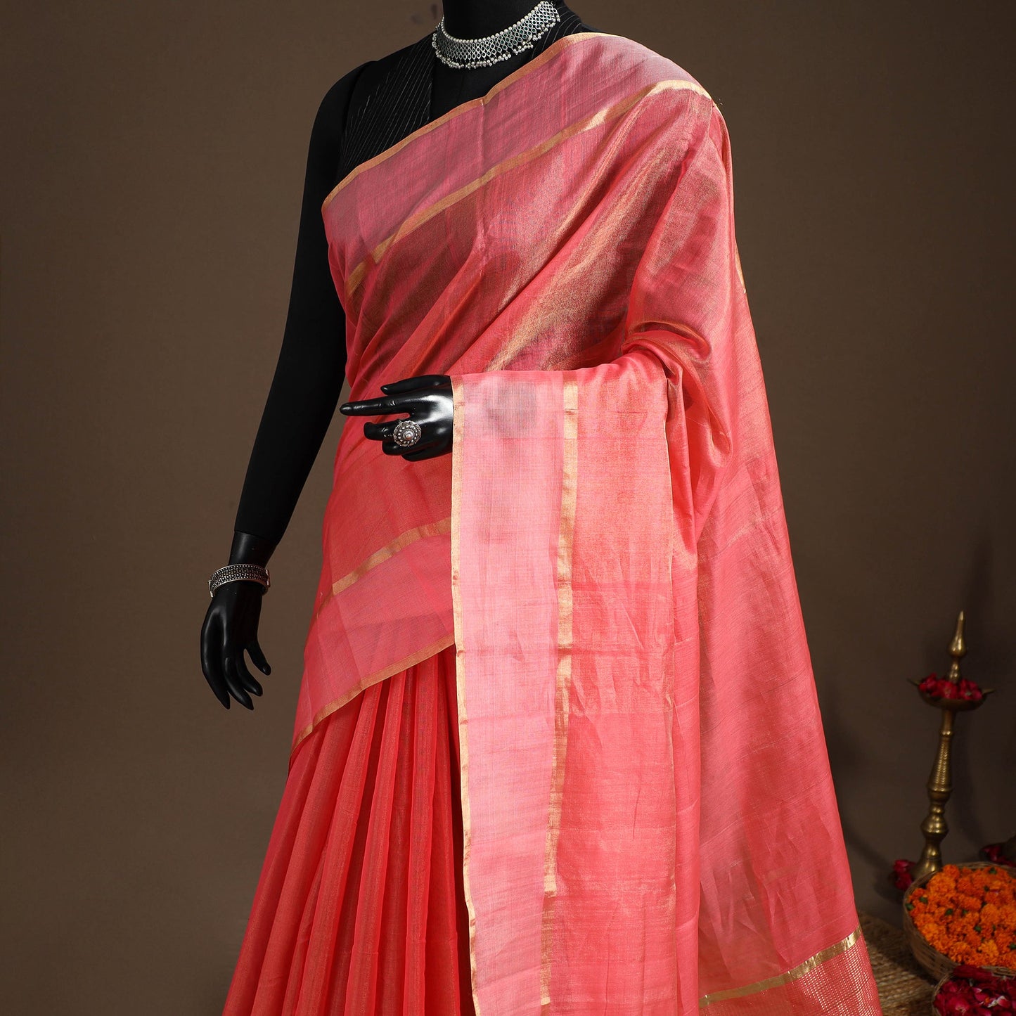 Pink - handloom tissue zari chanderi silk saree 09