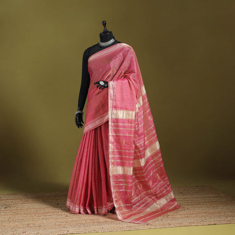 Pink - handloom tissue zari weave silk cotton buti