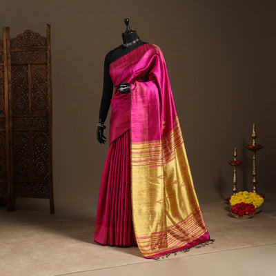 Pink - handloom tussar silk zari border bhagalpuri saree 06