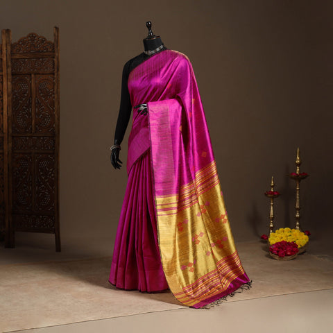 Pink - handloom tussar silk zari border bhagalpuri saree 09