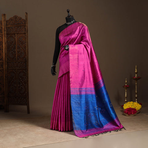 Pink - handloom tussar silk zari border bhagalpuri saree 13