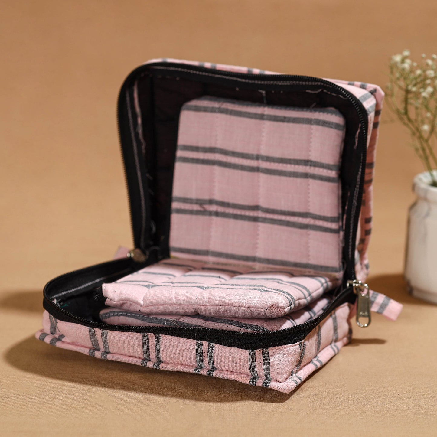 Pink Handmade 4 Pockets Cotton Jewelry Bag