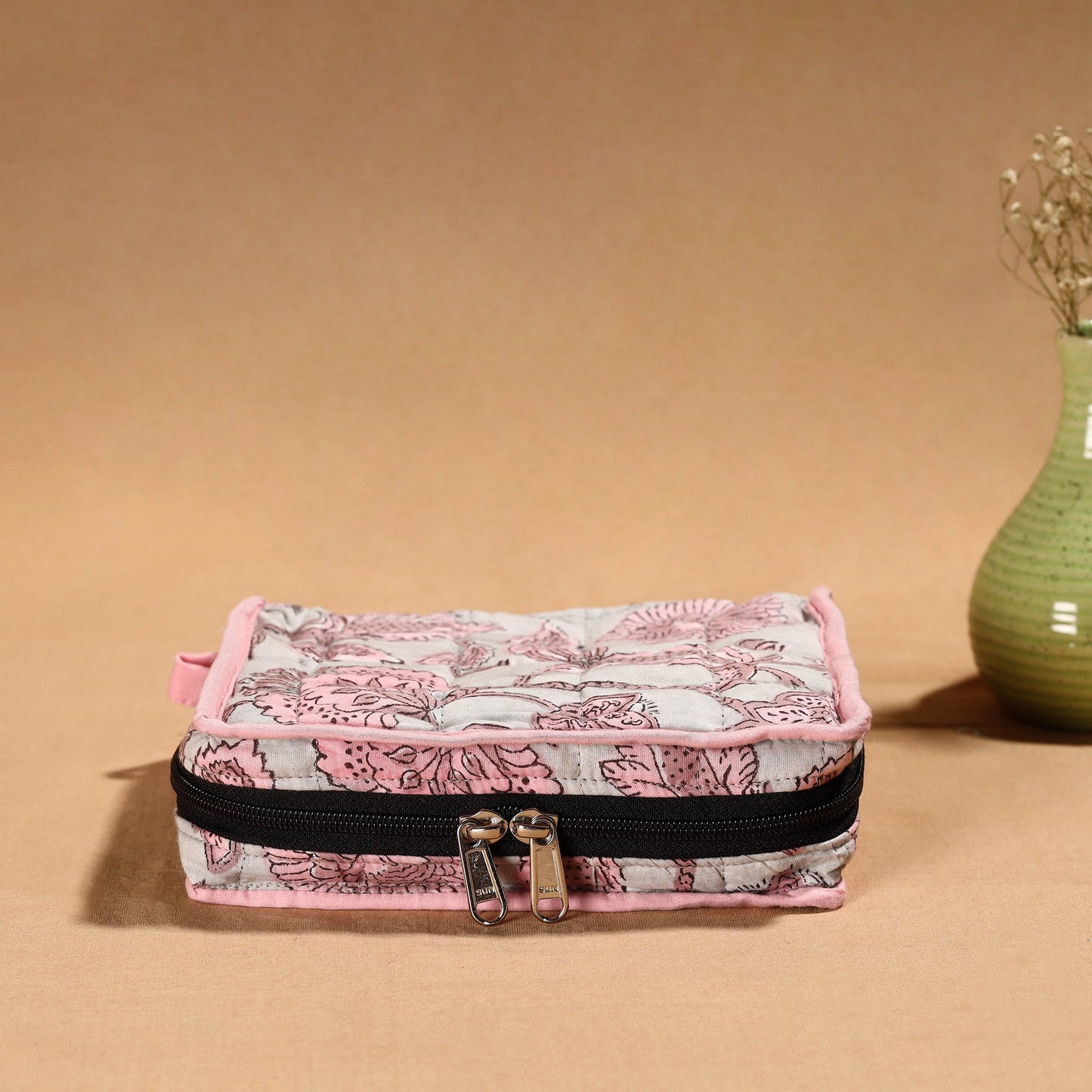 Pink Handmade Cotton Jewelry Organizer Bag for Travel 