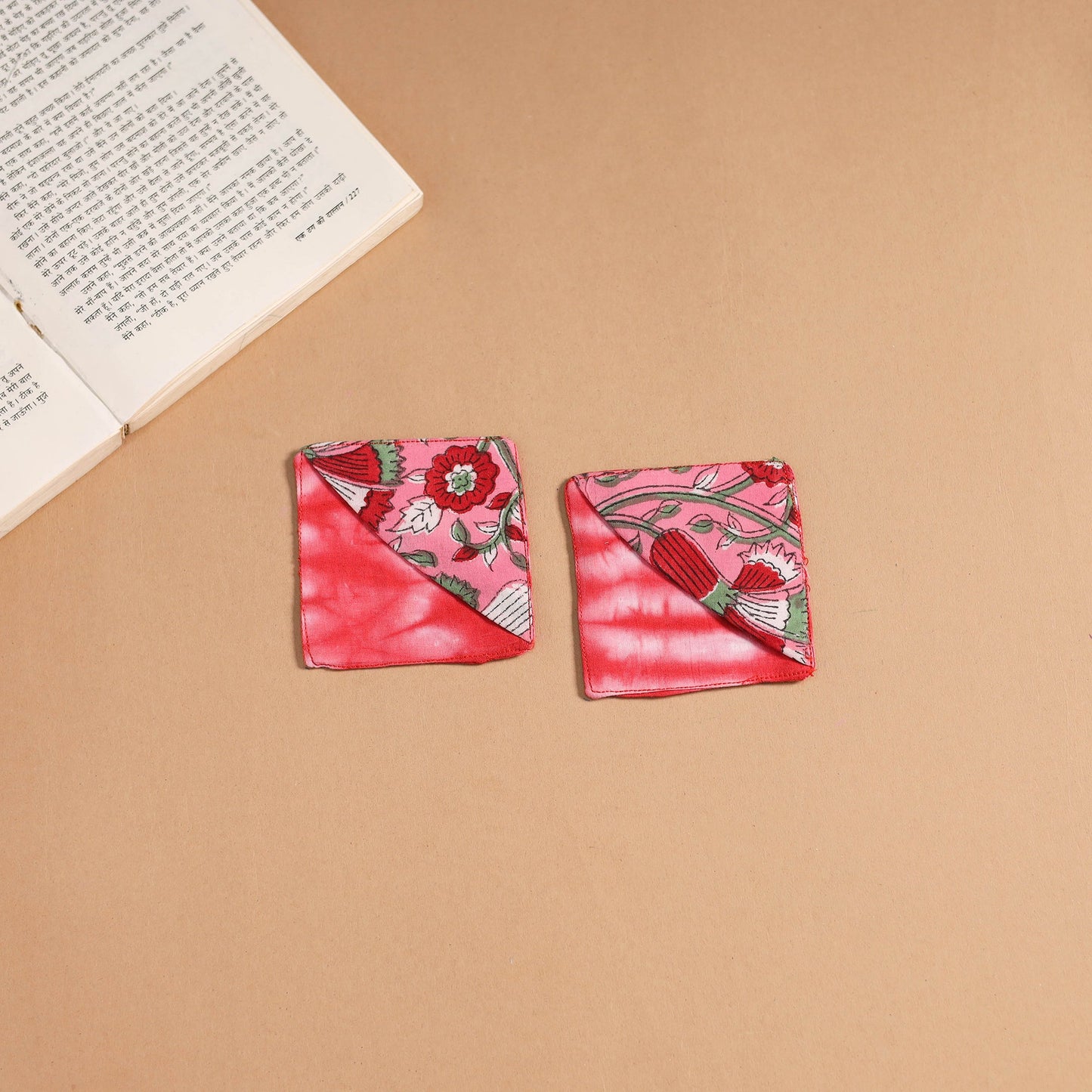 Pink - handmade cotton fabric corner bookmark (set of 2) 05