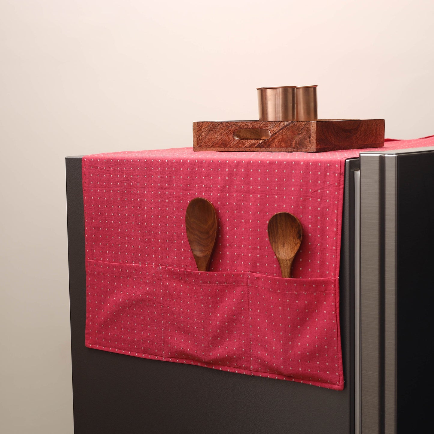 Pink Handmade Cotton Fridge Top Cover with Multiple Pockets