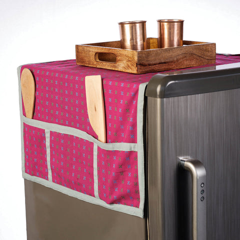Pink Handmade Cotton Fridge Top Cover with Multiple Pockets