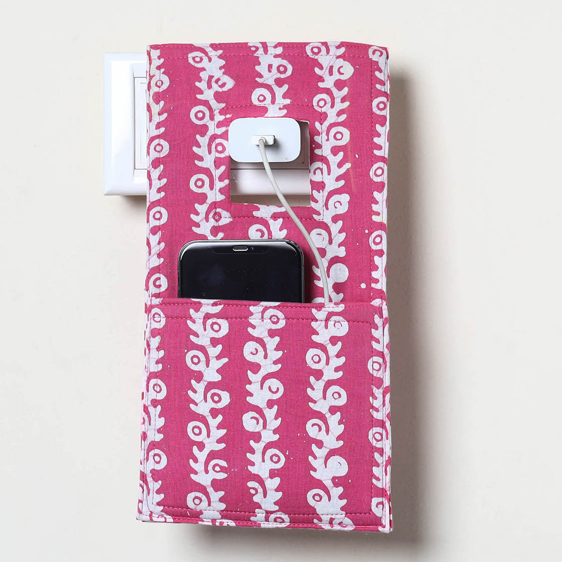 Pink Handmade Cotton Mobile Charging Holder