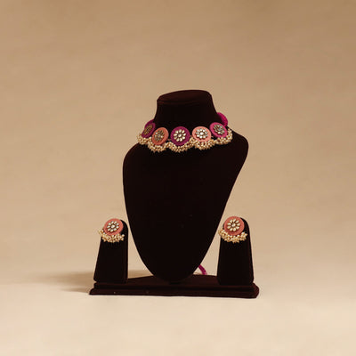 Handmade fabart choker necklace set with kundan & beads 03