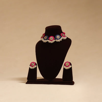 Handmade fabart choker necklace set with kundan & beads 04