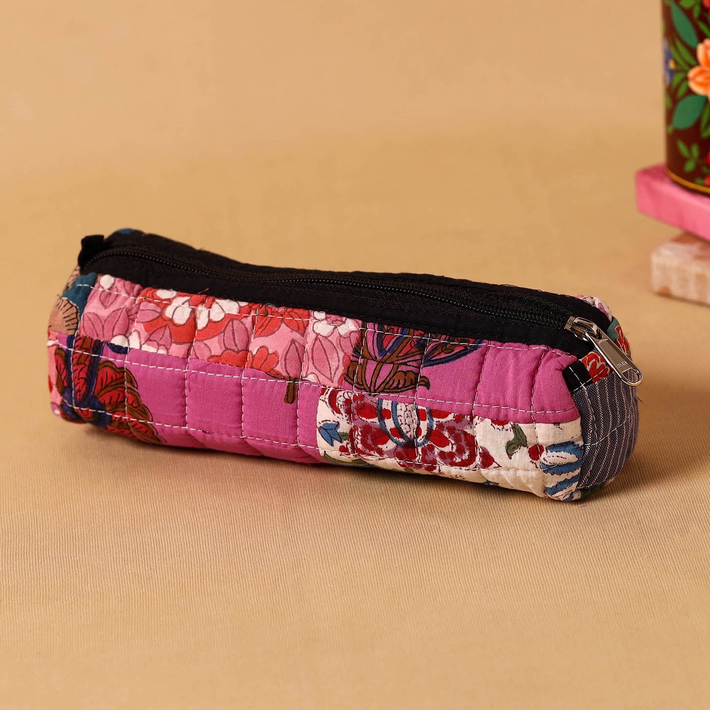 Pink Handmade Patchwork Quilted Cotton Pencil Pouch