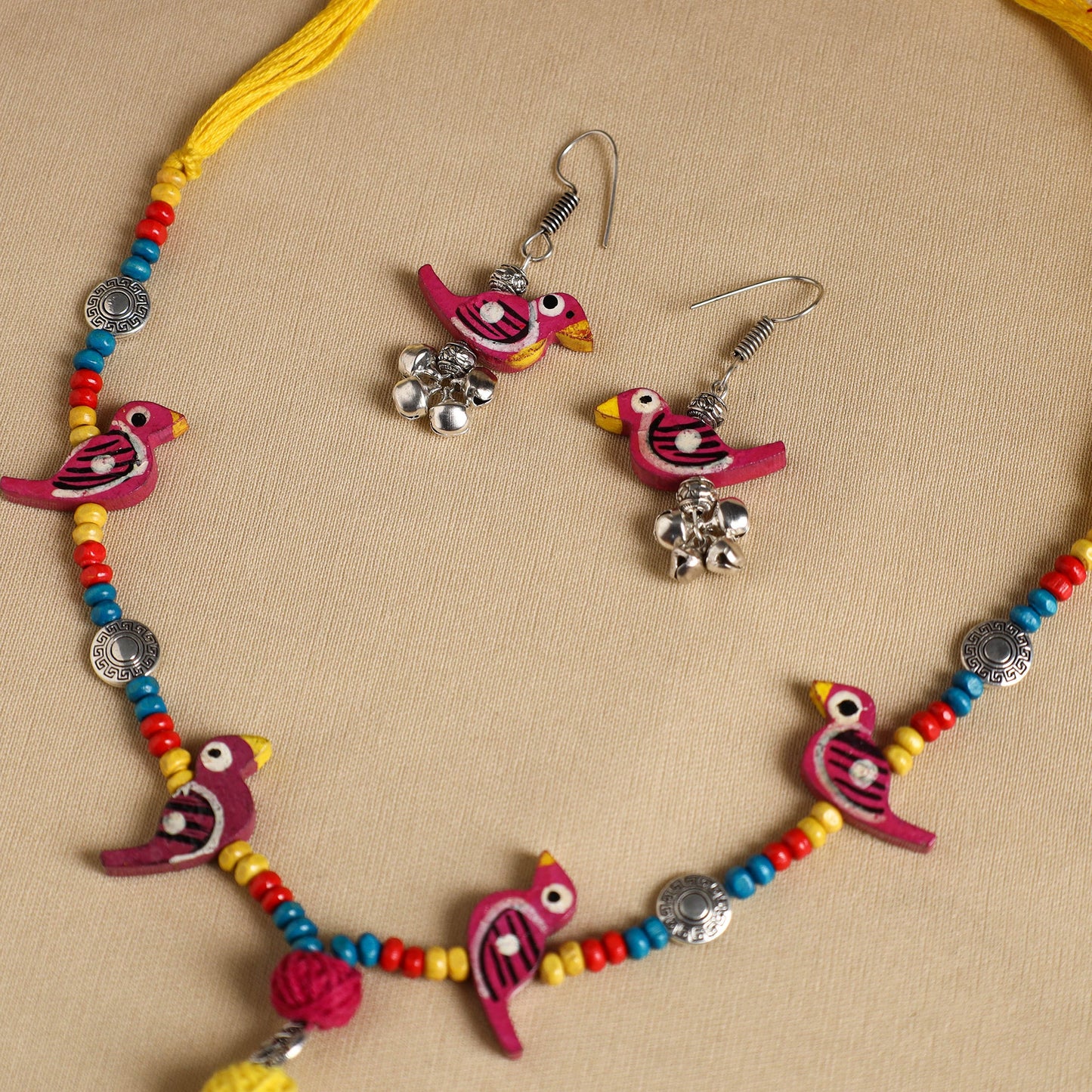 Pink Handmade Wooden Bird Beaded Necklace Set