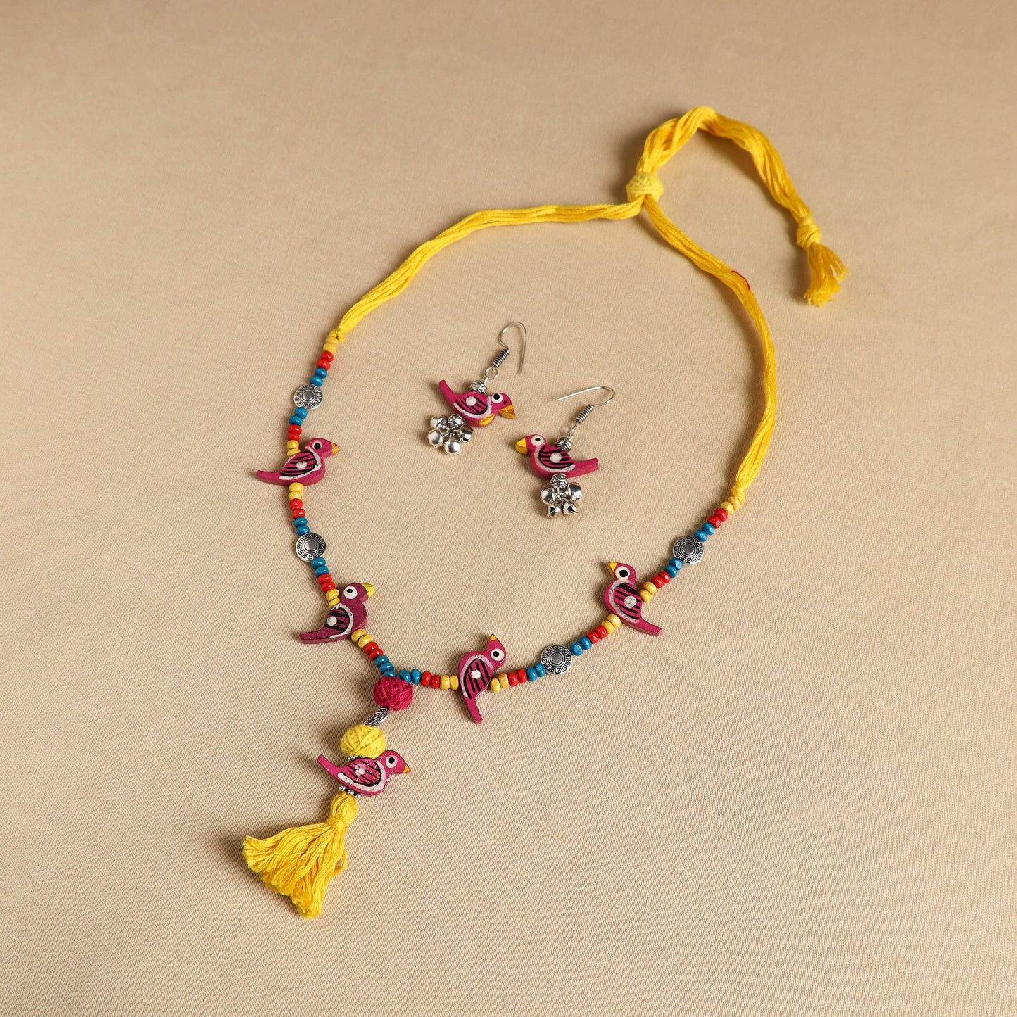 Pink Handmade Wooden Bird Beaded Necklace Set