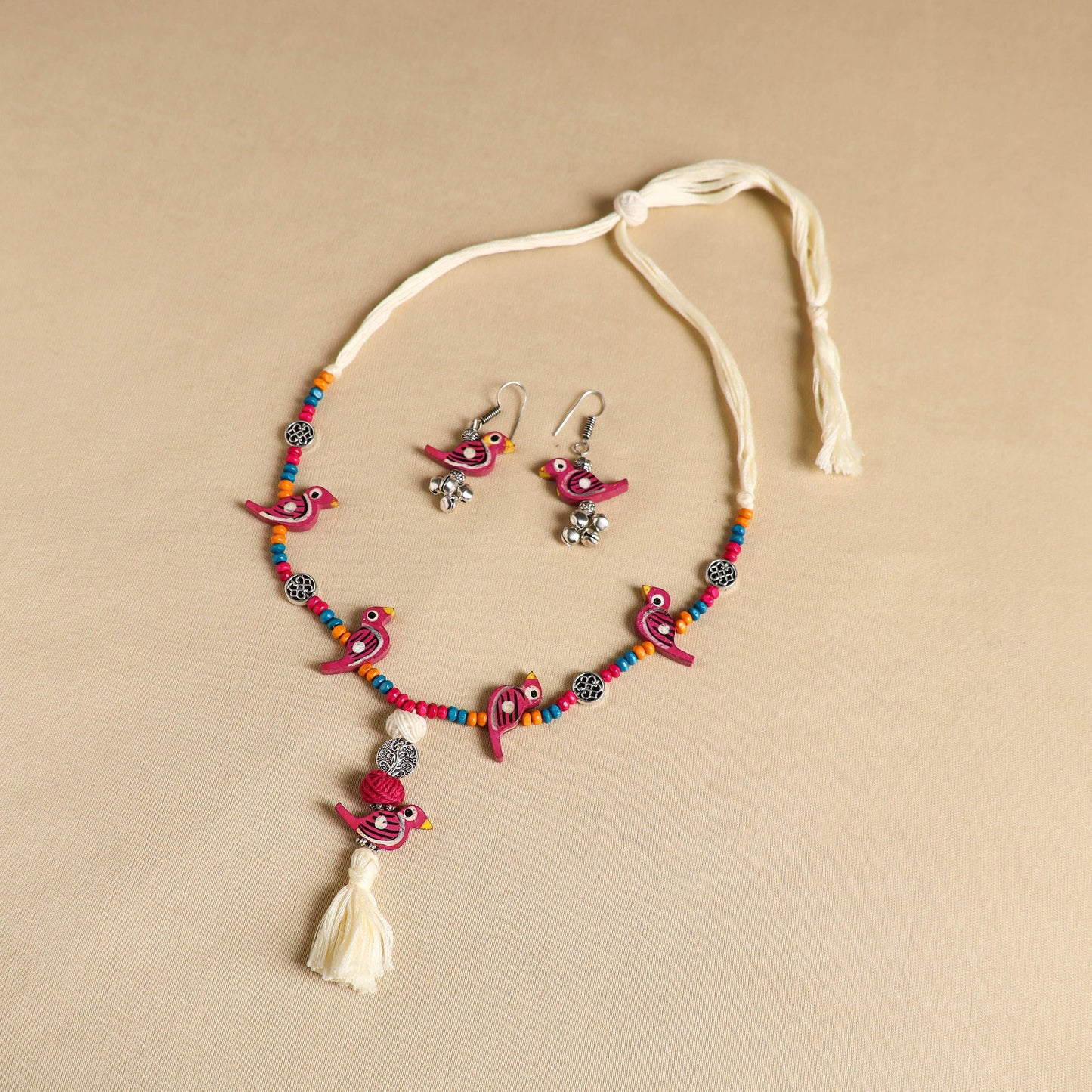 Pink Handmade Wooden Bird Beaded Necklace Set