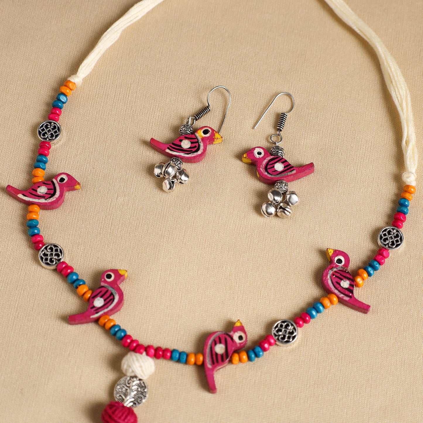 Pink Handmade Wooden Bird Beaded Necklace Set
