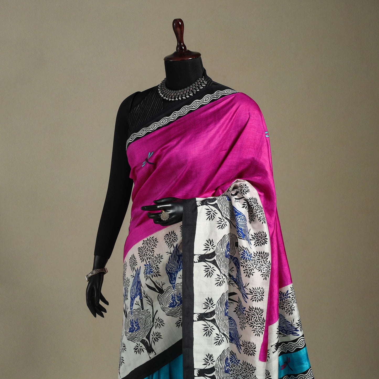 Pink - handpainted bishnupuri silk bengal kantha embroidery