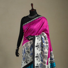 Pink - handpainted bishnupuri silk bengal kantha embroidery