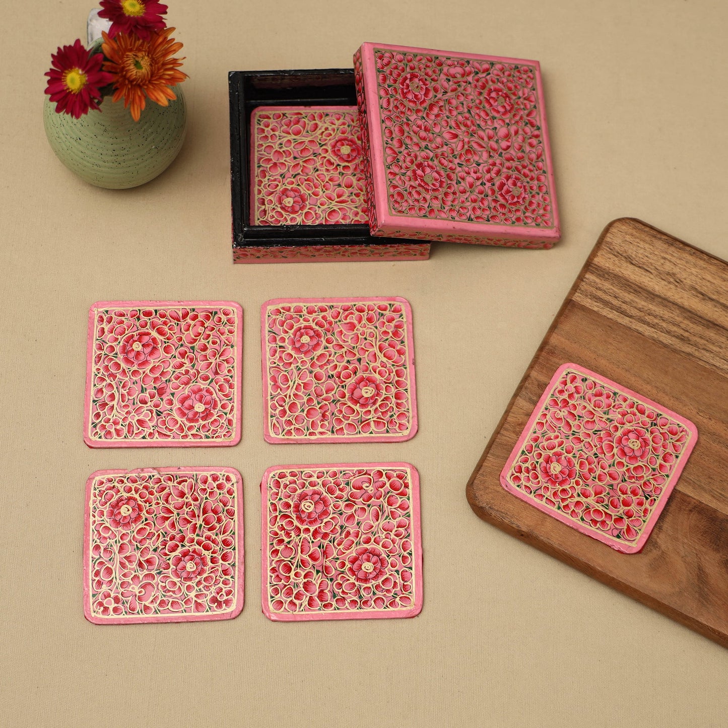 Pink - handpainted paper mache coaster with box (set of 6)