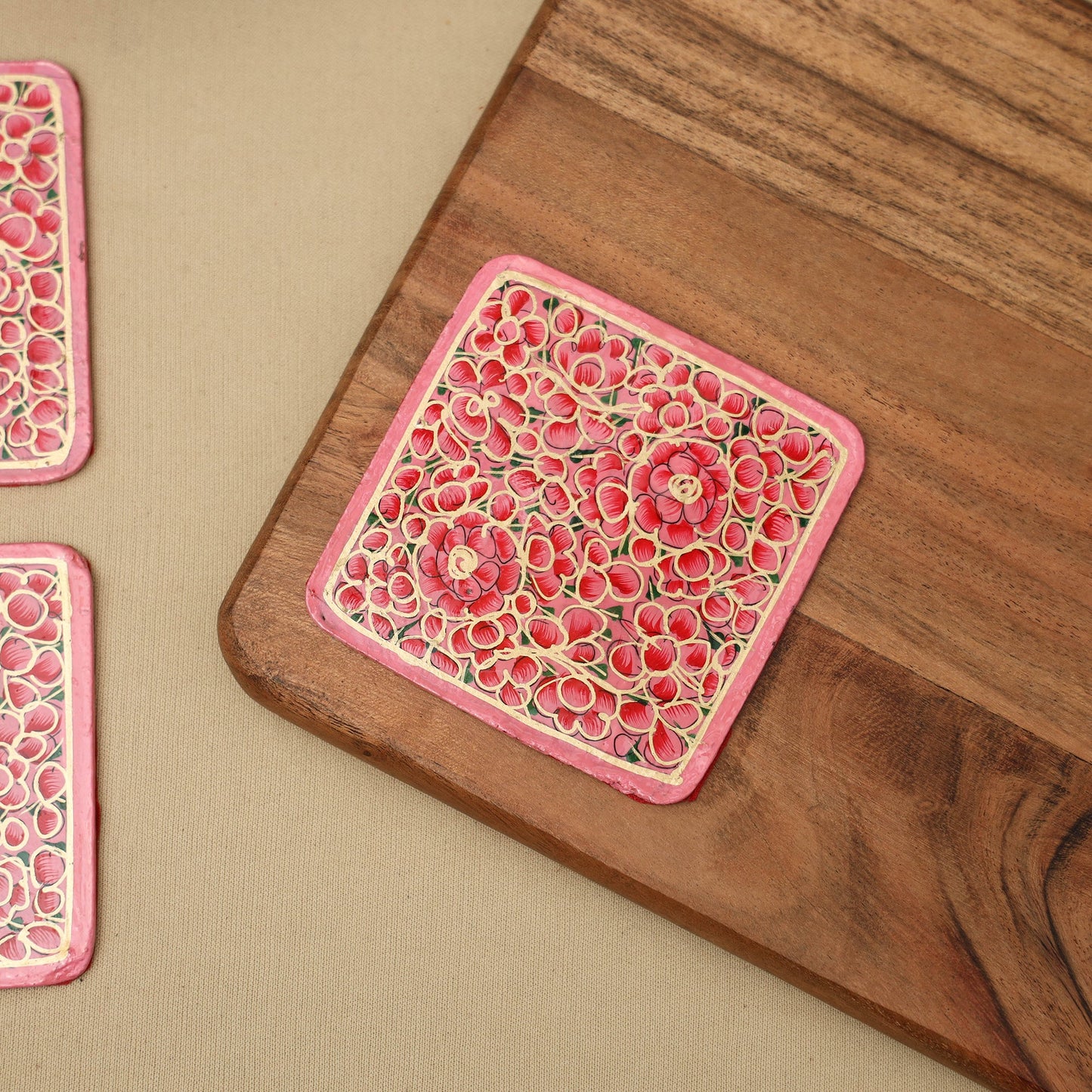 Pink - handpainted paper mache coaster with box (set of 6)