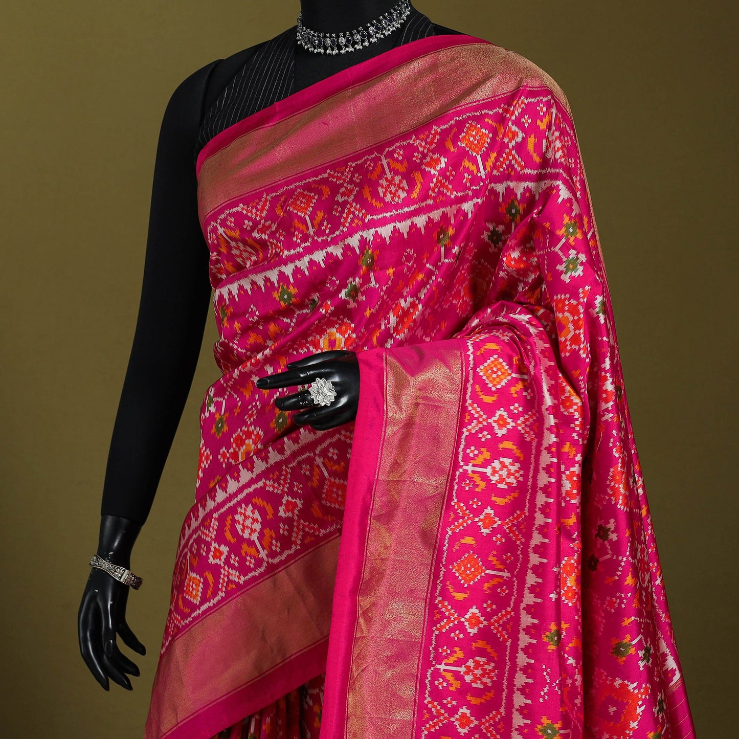 Pink - handspun handloom silk pochampally patola ikat saree