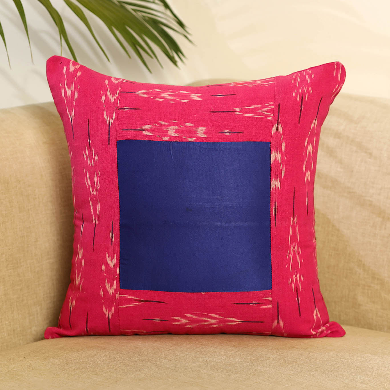 Pink Ikat Cotton with Plain Modal Silk Cushion Cover