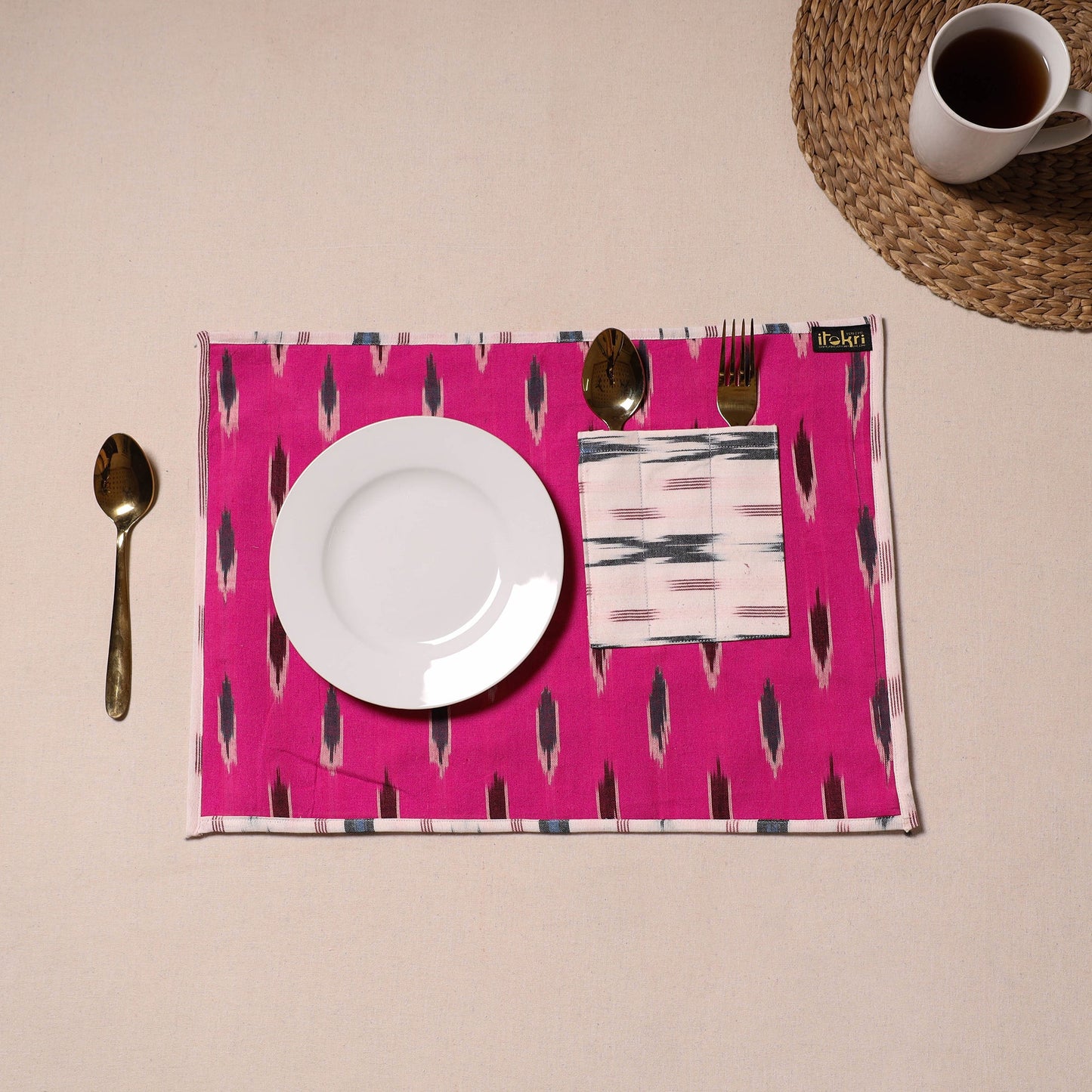 Pink Ikat Cotton Table Mat With Pocket
