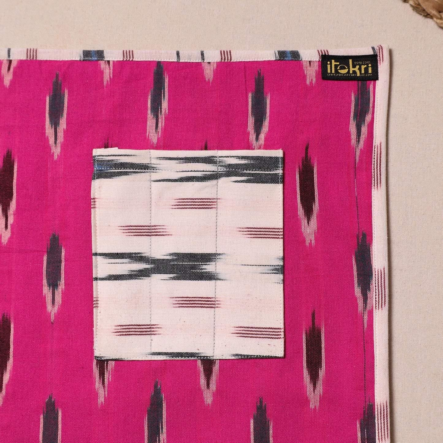 Pink Ikat Cotton Table Mat With Pocket