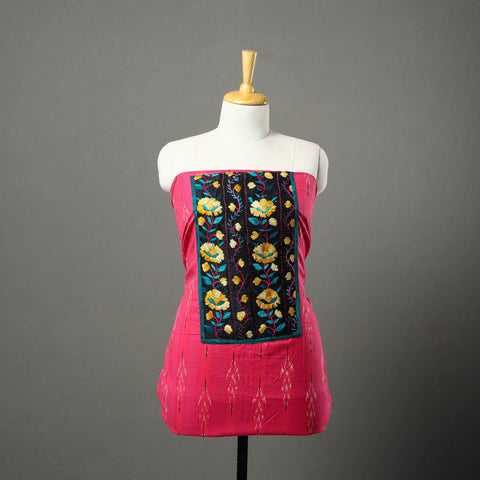 Pink - ikat cotton unstitched kurta material with patchwork
